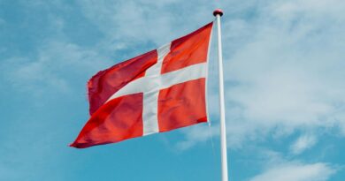 Red and white Danish flag fluttering in the wind, symbolizing national pride on a clear day.